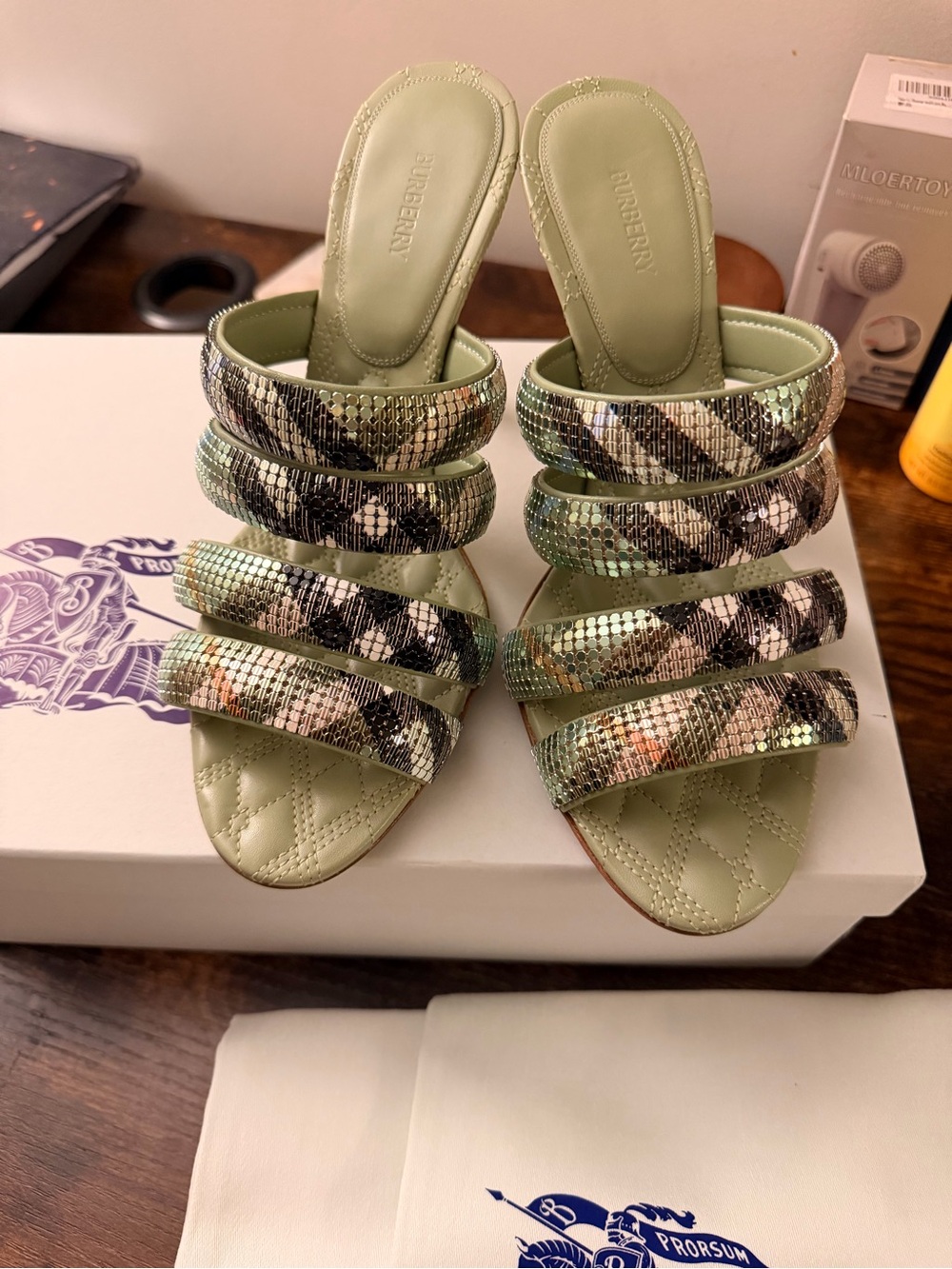 Burberry Light Sage Quilted Slide Sandals with Metallic Sequin Straps